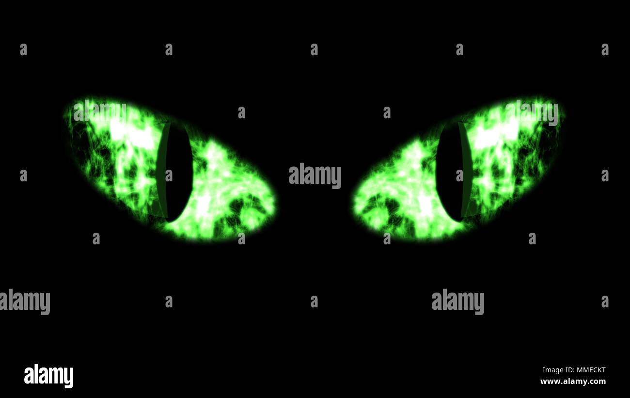 A terrifying 3d rendering of wide white and green cat`s eyes in the